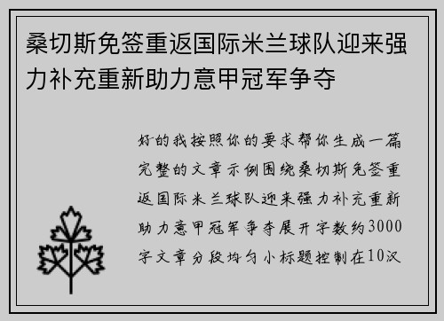 桑切斯免签重返国际米兰球队迎来强力补充重新助力意甲冠军争夺
